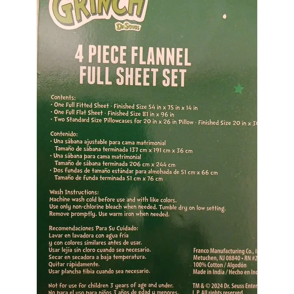 THE‎ GRINCH Christmas Sheet Set Sz Full Flannel Cotton 3 Pc Holiday Warm SUESS